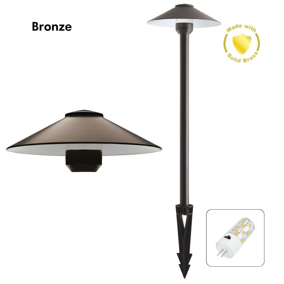 DUSK-PATH-L - 4W 12V DC LED Tri-Colour G4 Replaceable Exterior Large Hooded Spike Path Light IP65 Solid Brass - DRIVER REQUIRED - Bronze