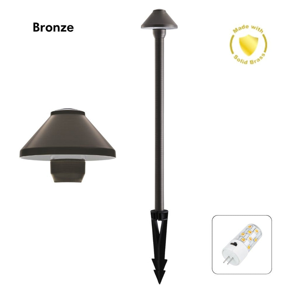 DUSK-PATH-S - 4W 12V DC LED Tri-Colour G4 Replaceable Exterior Small Hooded Spike Path Light IP65 Solid Brass - DRIVER REQUIRED - Bronze