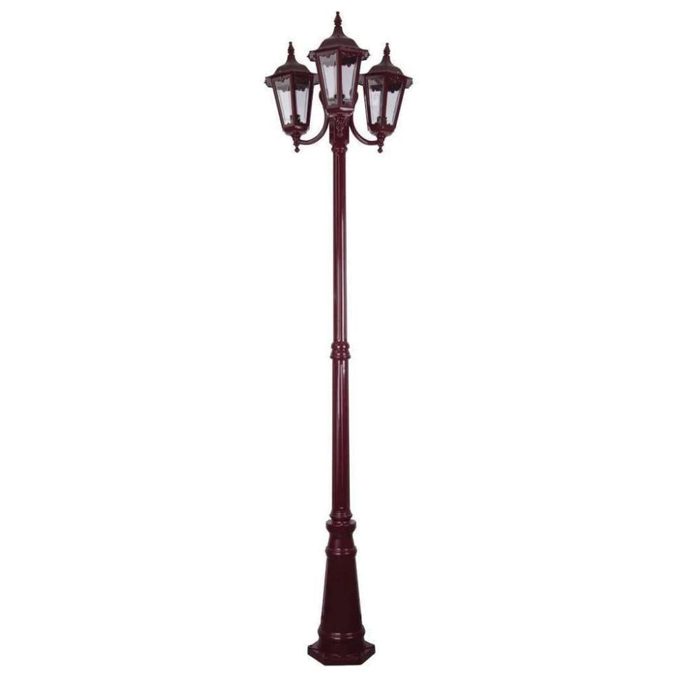 GT-1078 Chester Triple Head Curved Arm Tall Post Light - Powder Coated Finish / B22 - Burgundy
