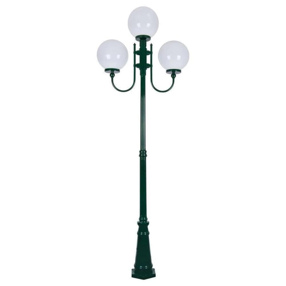 GT-623 Lisbon Triple 30cm Spheres Curved Arms Tall Post Light - Powder Coated Finish / E27 - Green