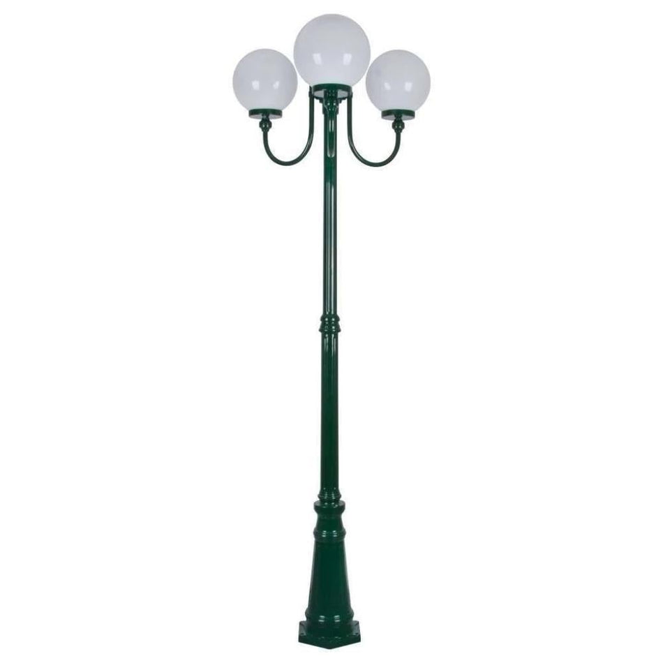 GT-624 Lisbon Triple 25cm Spheres Curved Arms Tall Post Light - Powder Coated Finish / E27 - Green