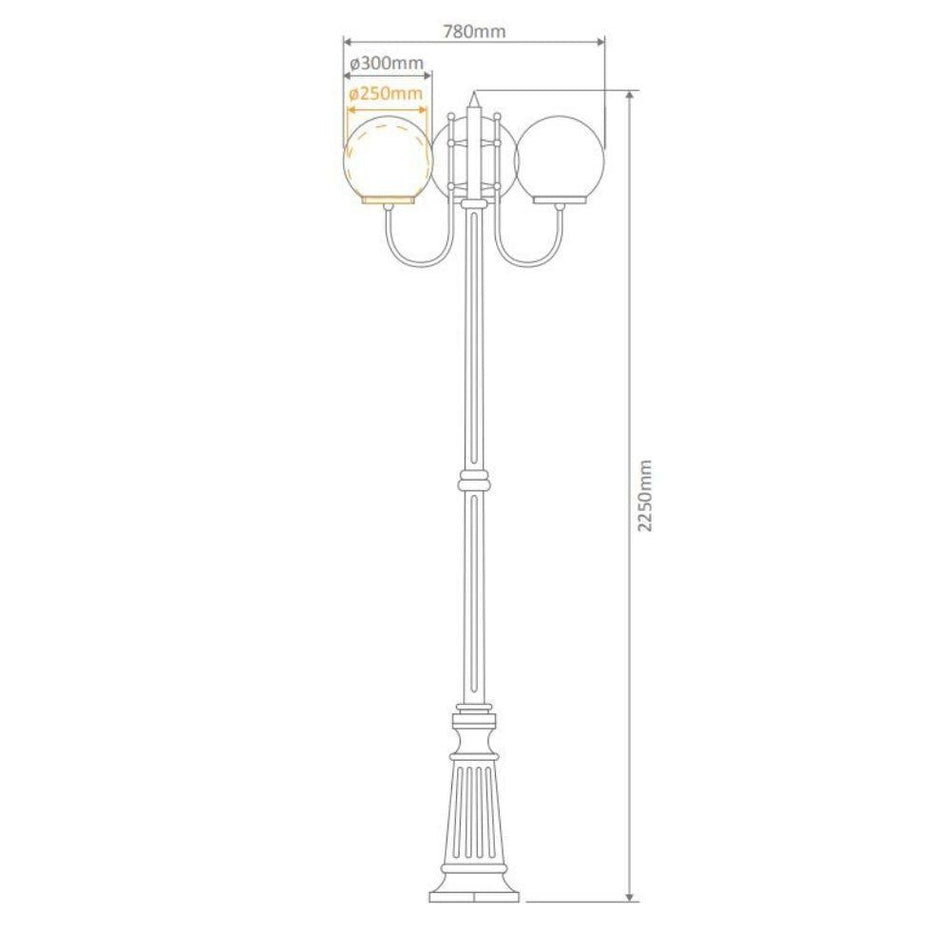 GT-624 Lisbon Triple 25cm Spheres Curved Arms Tall Post Light - Powder Coated Finish / E27 - Burgundy