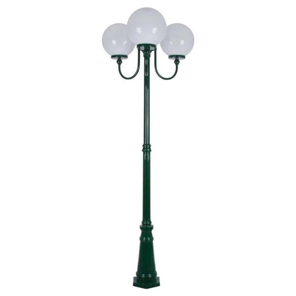 GT-625 Lisbon Triple 30cm Spheres Curved Arms Tall Post Light - Powder Coated Finish / E27 - Green