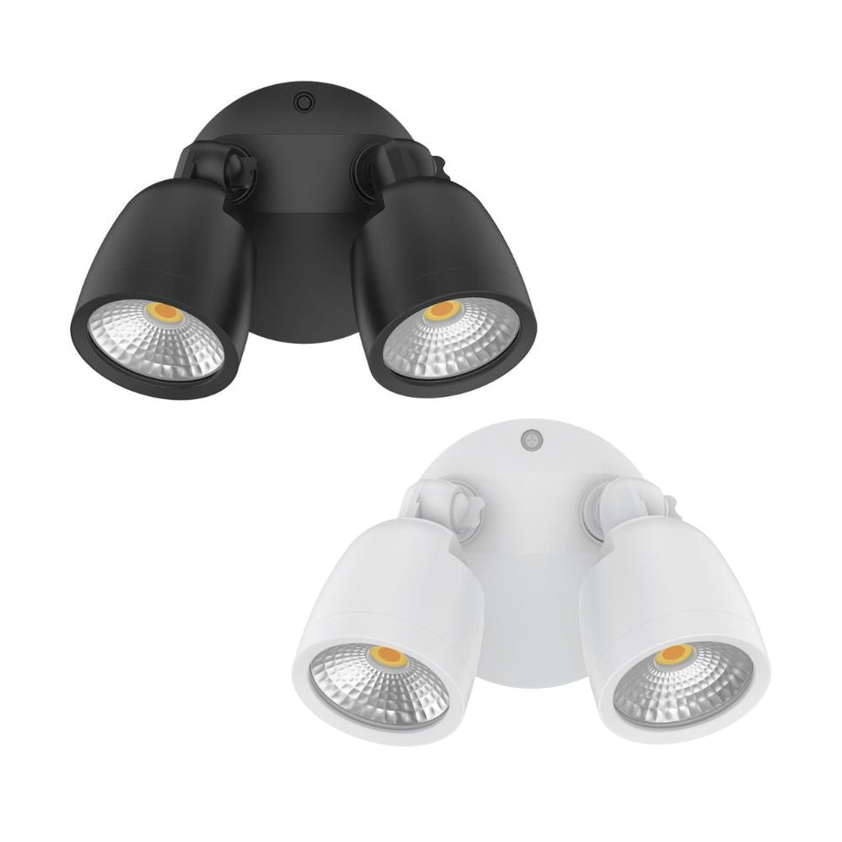 MURO-ECO-20 - 20W LED Tri-Colour Twin Head Exterior Polycarbonate Coastal Spotlight IP65 - Black