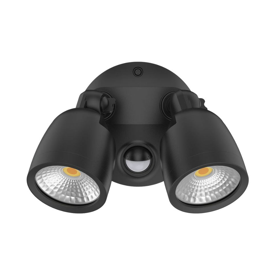 MURO-ECO-20S - 20W LED Tri-Colour Twin Head Exterior Polycarbonate Coastal Spotlight With Slimline Sensor IP65 - Black
