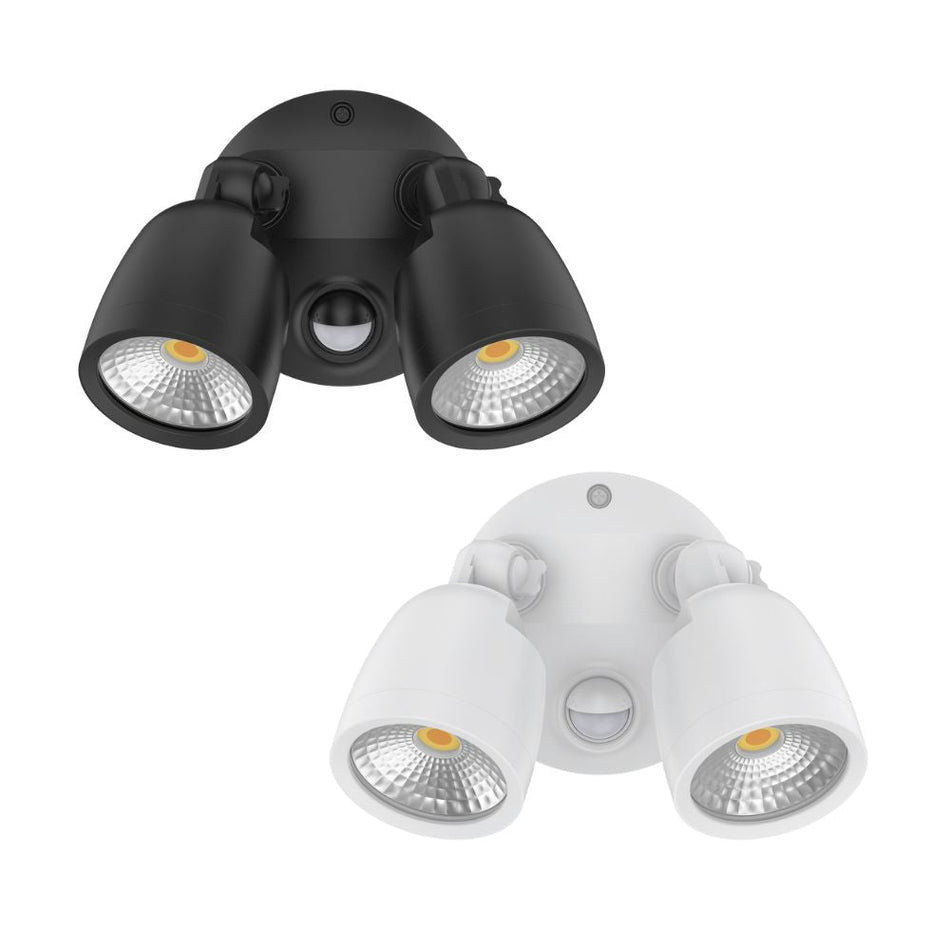 MURO-ECO-20S - 20W LED Tri-Colour Twin Head Exterior Polycarbonate Coastal Spotlight With Slimline Sensor IP65 - Black