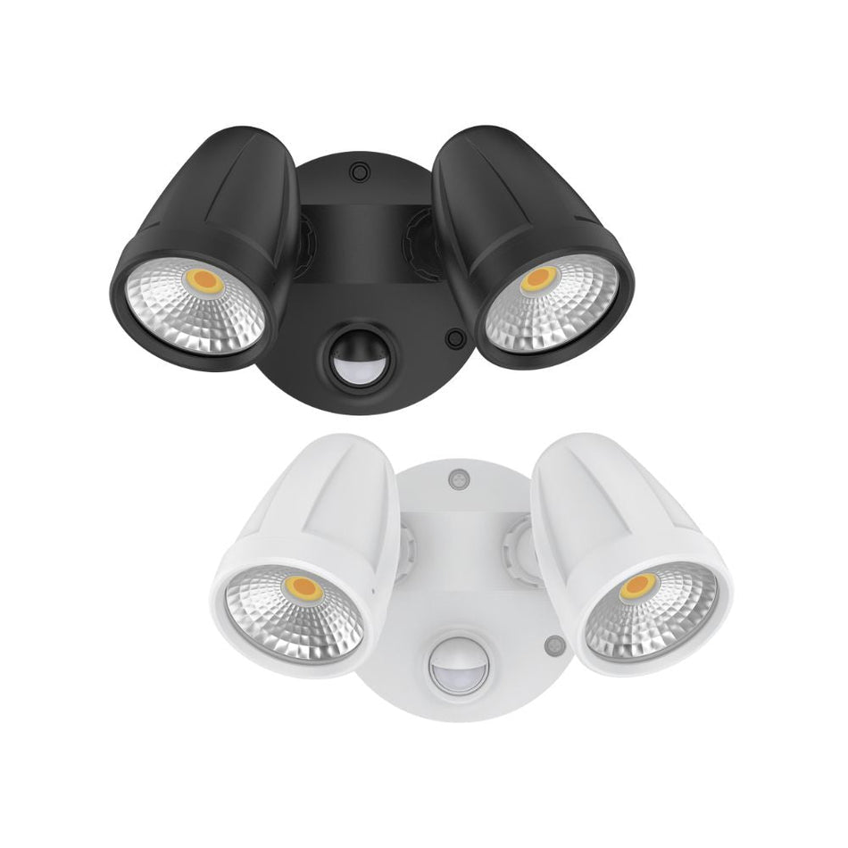 MURO-MAX-32S - 32W LED High Output Tri-Colour Twin Head Exterior Spotlight With Slimline Sensor IP65 - Black