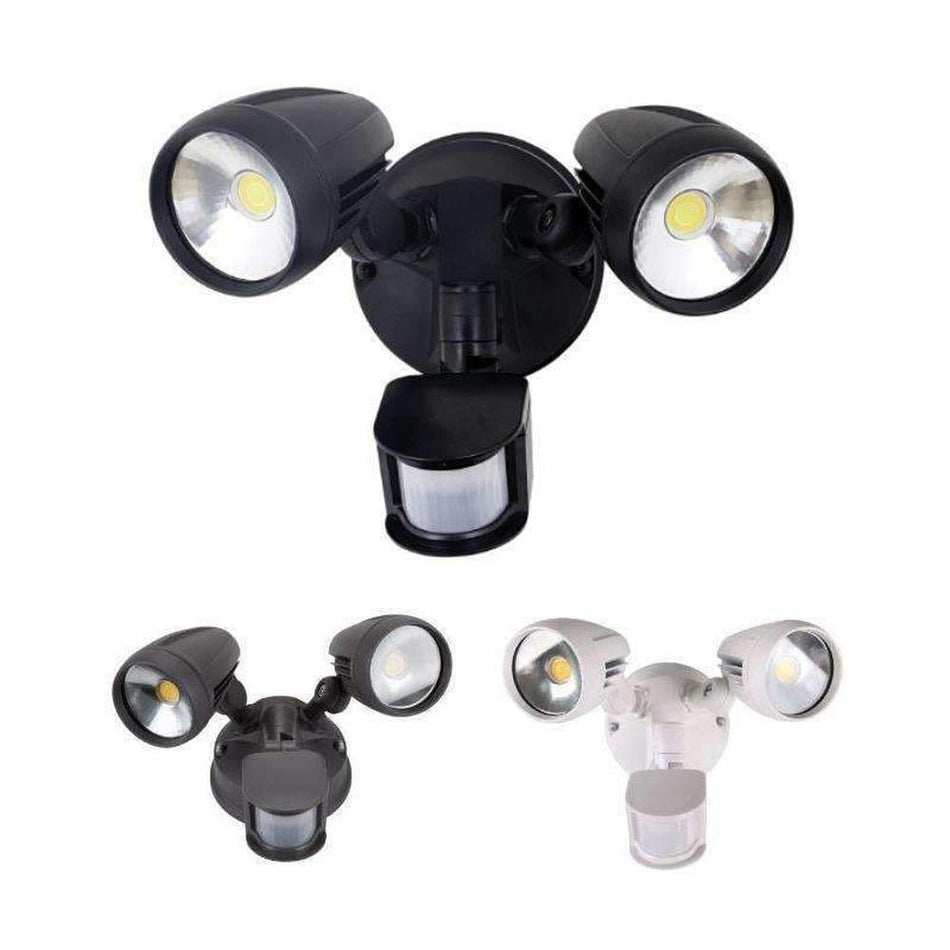 MURO-PRO-30S - 30W LED Tri-Colour Twin Head Exterior Spotlight With Sensor IP44 - Black