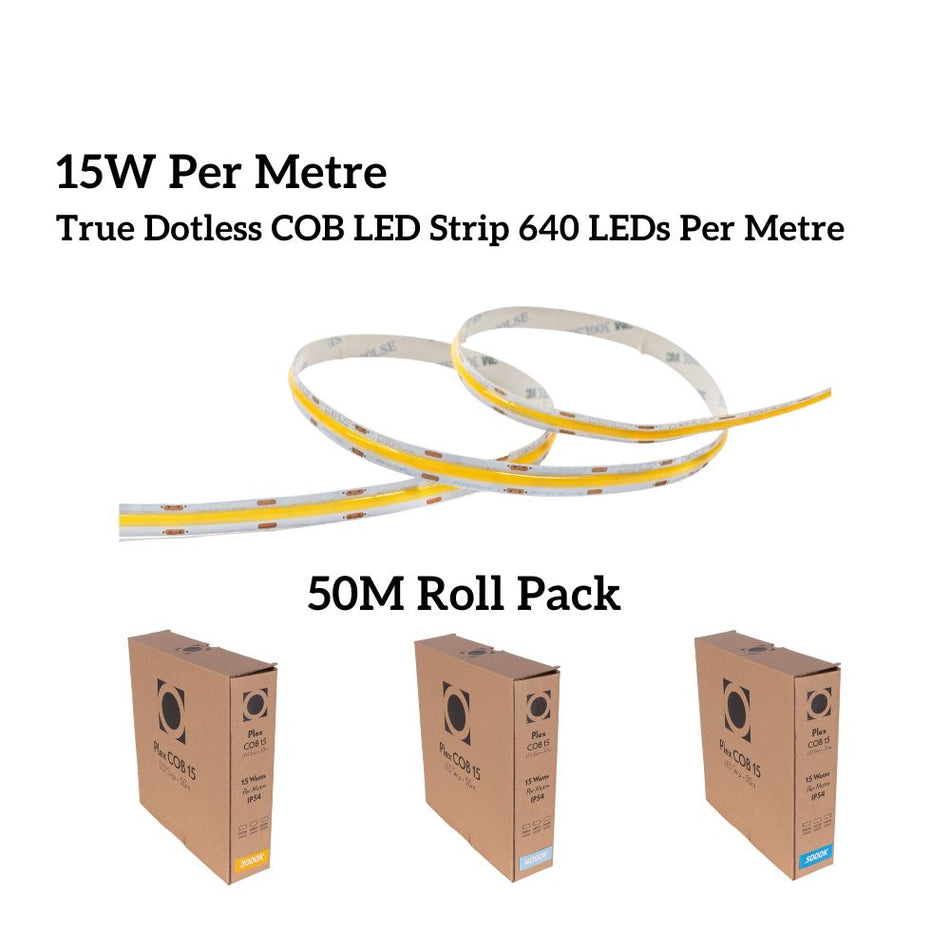 PLEX-COB-15-50M - 50M Roll Pack 15W LED Per Metre 640LED True Dotless Striplight IP54 24V - DRIVER REQUIRED