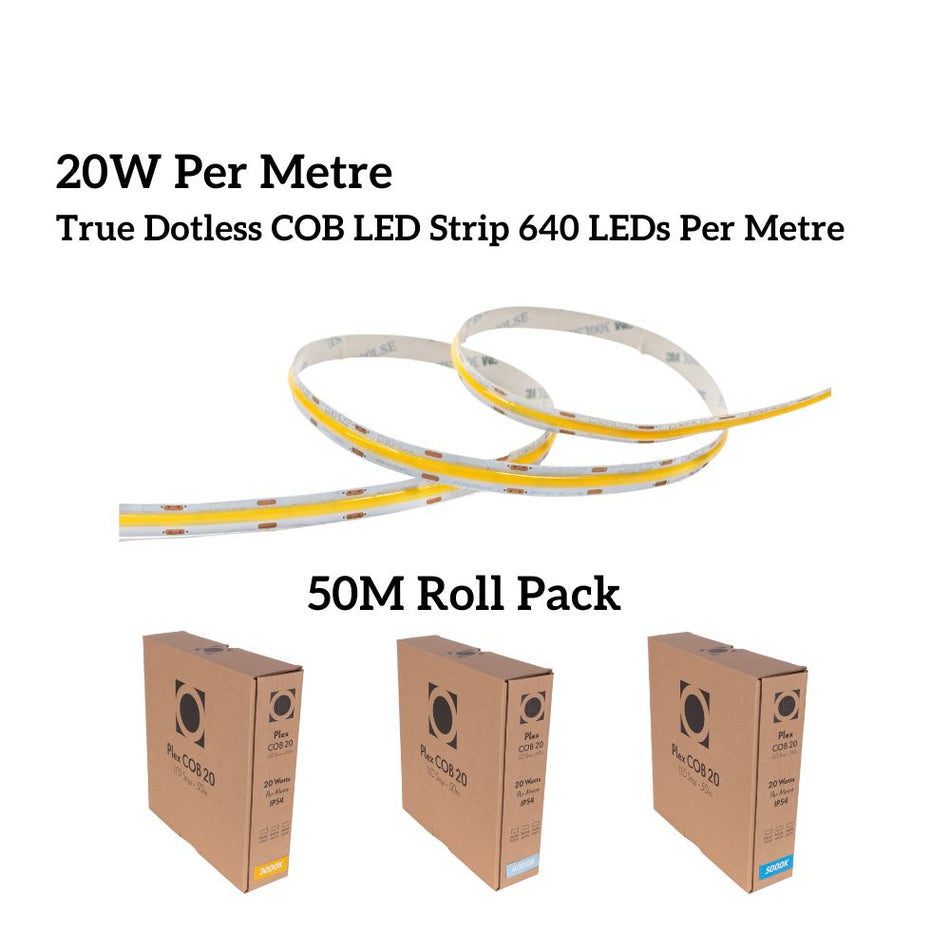 PLEX-COB-20-50M - 50M Roll Pack 20W LED Per Metre 640LED True Dotless Striplight IP54 24V - DRIVER REQUIRED