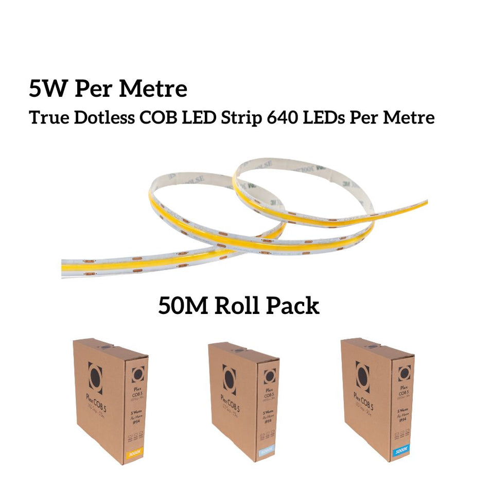 PLEX-COB-5-50M - 50M Roll Pack 5W LED Per Metre 640LED True Dotless Striplight IP54 24V - DRIVER REQUIRED