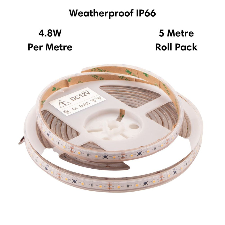 STRIP-60-WP-5M - 4.8W LED 60LED P/M Weatherproof Striplight IP66 12V 5M Roll Pack - DRIVER REQUIRED