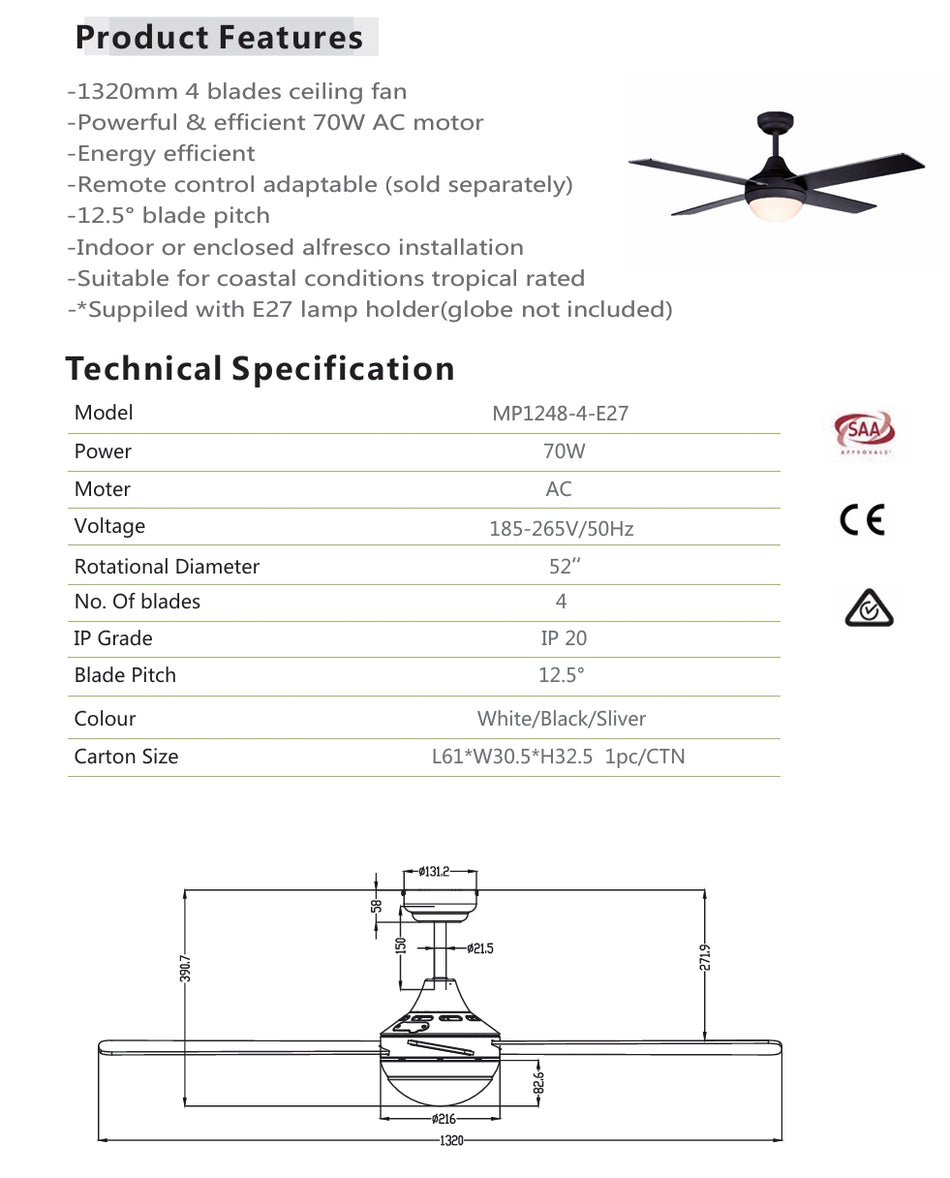 Coogee AC Ceiling Fan With 2 x E27 Light - White 4 Blade 52"
