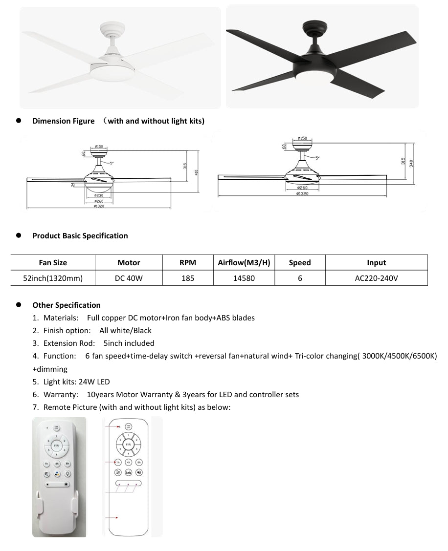 Finley DC Ceiling Fan No Light - White 4 Blade 52"