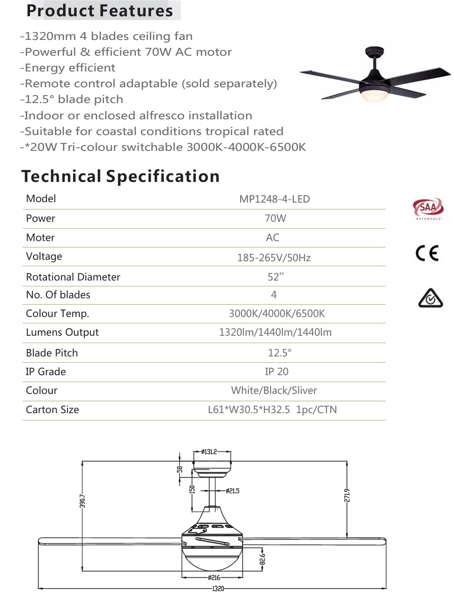 Coogee AC Ceiling  Fan With LED Light - White 4 Blade 52"