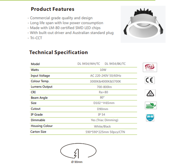 10W Trimless Downlight (DL9454) Tri-colour