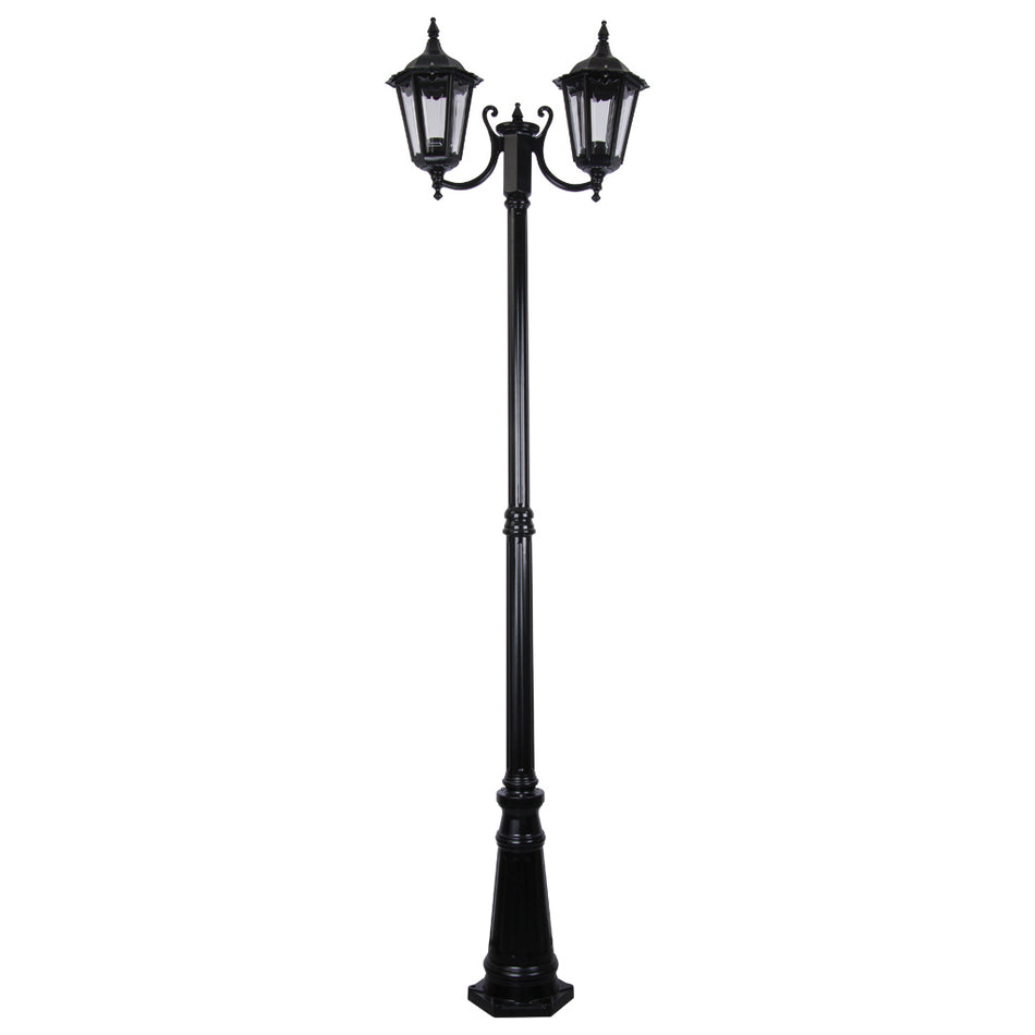 GT-1077 Chester Twin Head Curved Arm Tall Post Light - Powder Coated Finish / B22 - Black